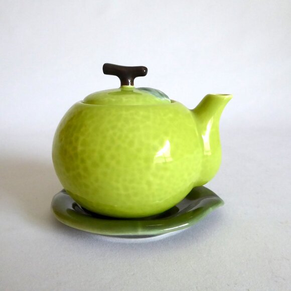 VINTAGE JAPANESE JAPAN PORCELAIN MINI CANTALOUPE FRUIT TEAPOT & LEAF SAUCER (NEW - Picture 2 of 12